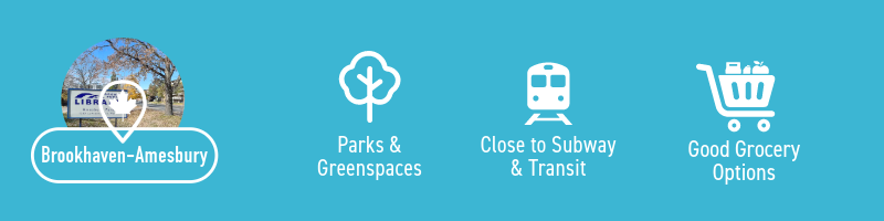 Infographic displaying the highest ranking features of the Brookhaven-Amesbury neighbourhood in Toronto for renters looking for affordable or cheap rent. Brookhaven-Amesbury ranks highly for having parks & greenspaces, being car & transit friendly, and lots of schools & daycares available for prospective renters.