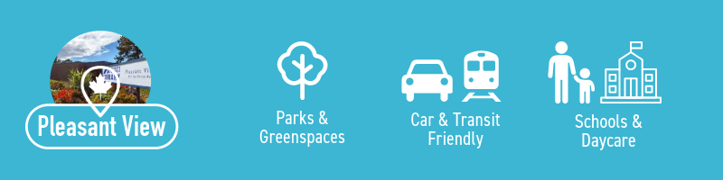 Infographic displaying the highest ranking features of Pleasant View neighbourhood in Toronto for renters looking for affordable or cheap rent. Pleasant View ranks highly for parks, being car & transit friendly, and having many schools & daycares for prospective renters.