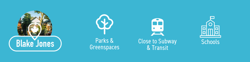 Infographic displaying the highest ranking features of Blake Jones neighbourhood in Toronto for renters looking for affordable or cheap rent. Pleasant View ranks highly for parks, being close to subway and transit, and having many schools for prospective renters.