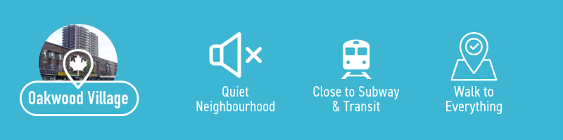 Infographic displaying the highest ranking features of Oakwood Village neighbourhood in Toronto for renters looking for affordable or cheap rent. Oakwood Village ranks highly for being a quiet neighbourhood, being close to subway & transit, and having most basic needs within walking distance for prospective renters.