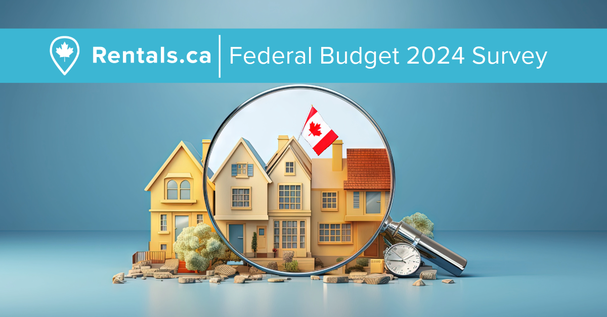 Blog Feature Images-2 Title graphic for rentals.ca federal budget 2024 survey featuring houses and a canadian flag to represent the federal budget and its impact on the housing and rental market