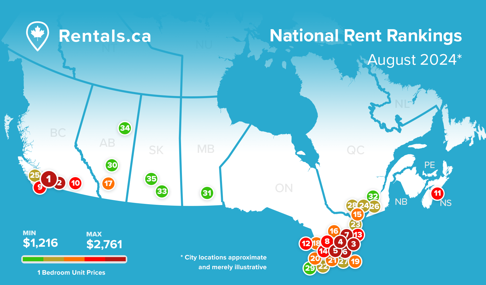 Rent Report Map Graphic – EN – August 2024 A map of canada showing the top 35 cities according to their respective 1 bedroom average rent prices for the month of July.